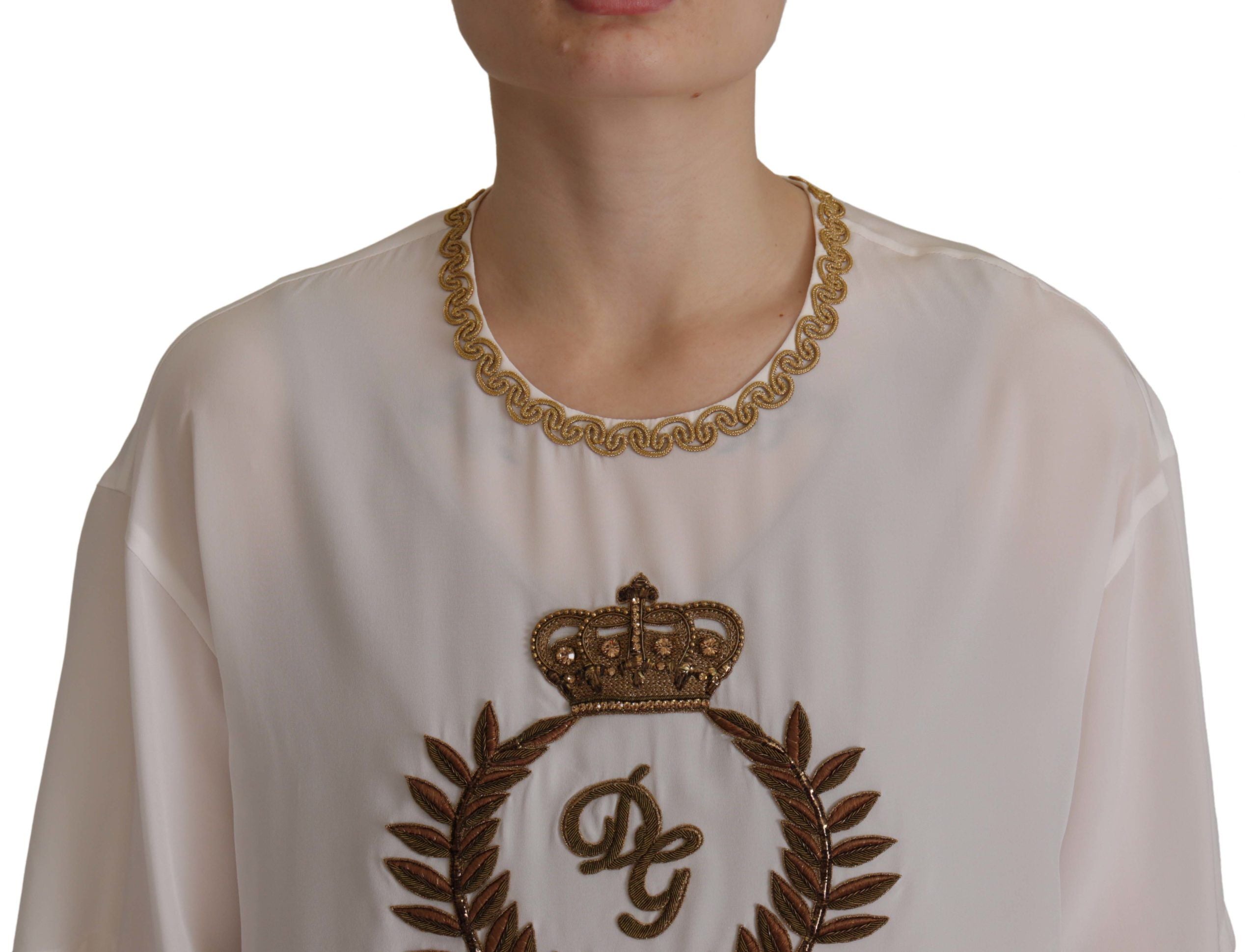 Blusa Top Dolce & Gabbana in Seta Bianca con Corona DG Dorata e Cristalli