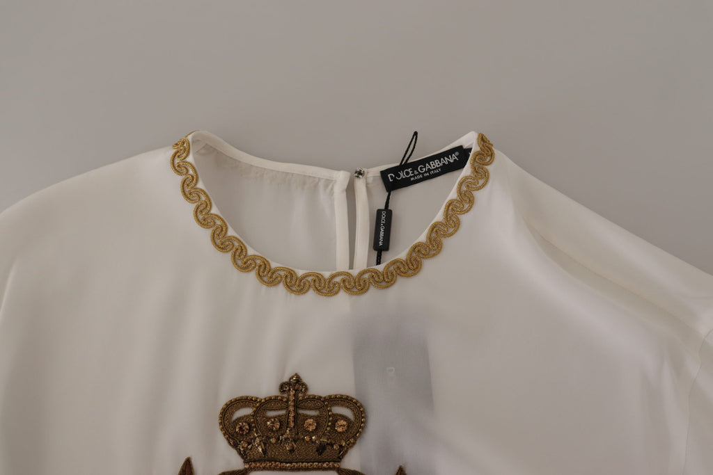 Blusa Top Dolce & Gabbana in Seta Bianca con Corona DG Dorata e Cristalli