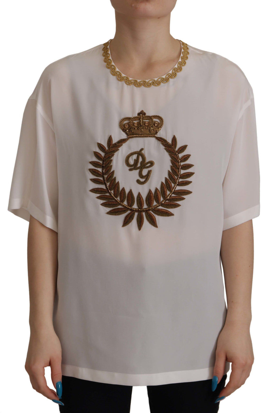 Blusa Top Dolce & Gabbana in Seta Bianca con Corona DG Dorata e Cristalli