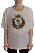 Blusa Top Dolce & Gabbana in Seta Bianca con Corona DG Dorata e Cristalli