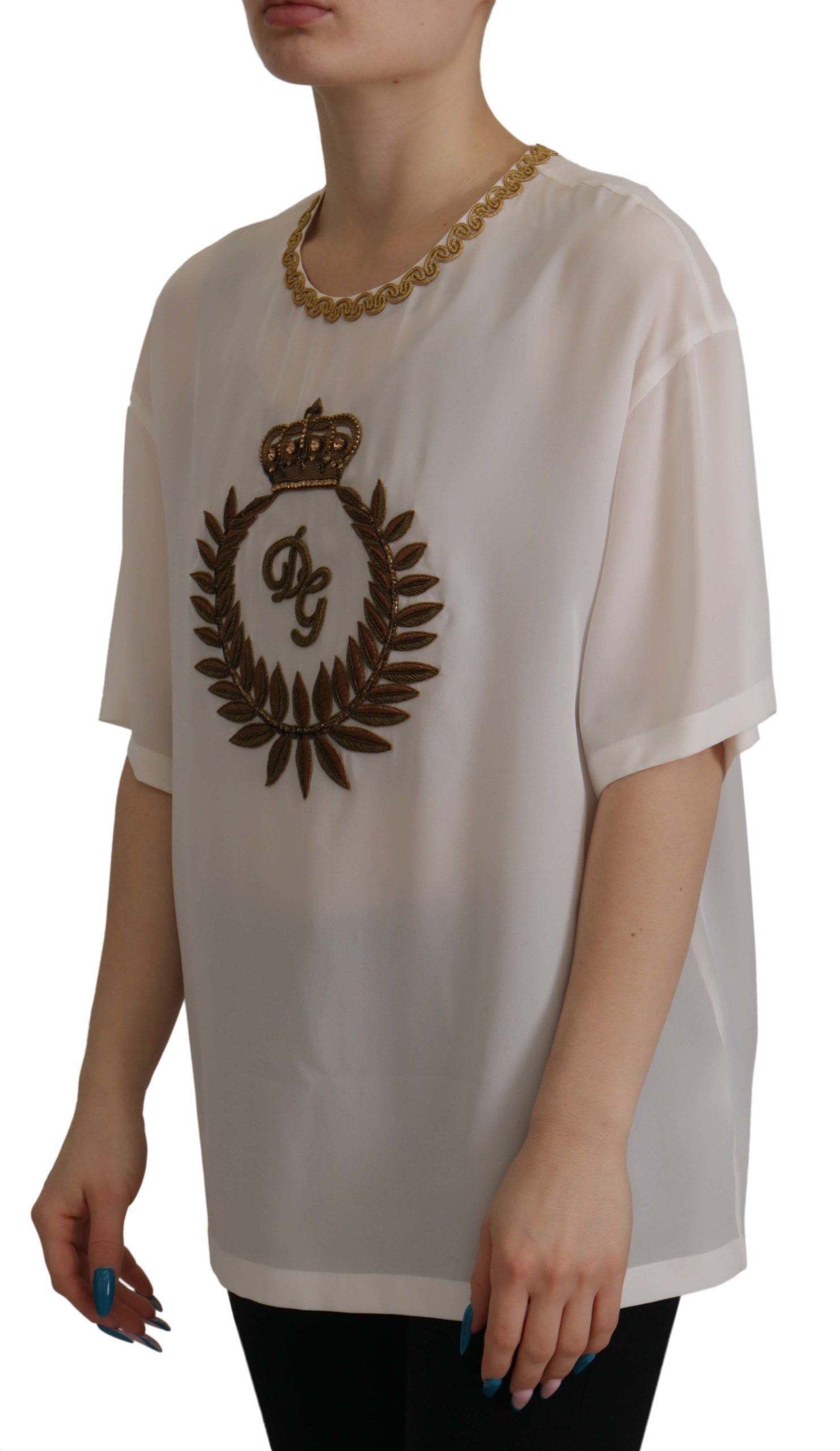 Blusa Top Dolce & Gabbana in Seta Bianca con Corona DG Dorata e Cristalli