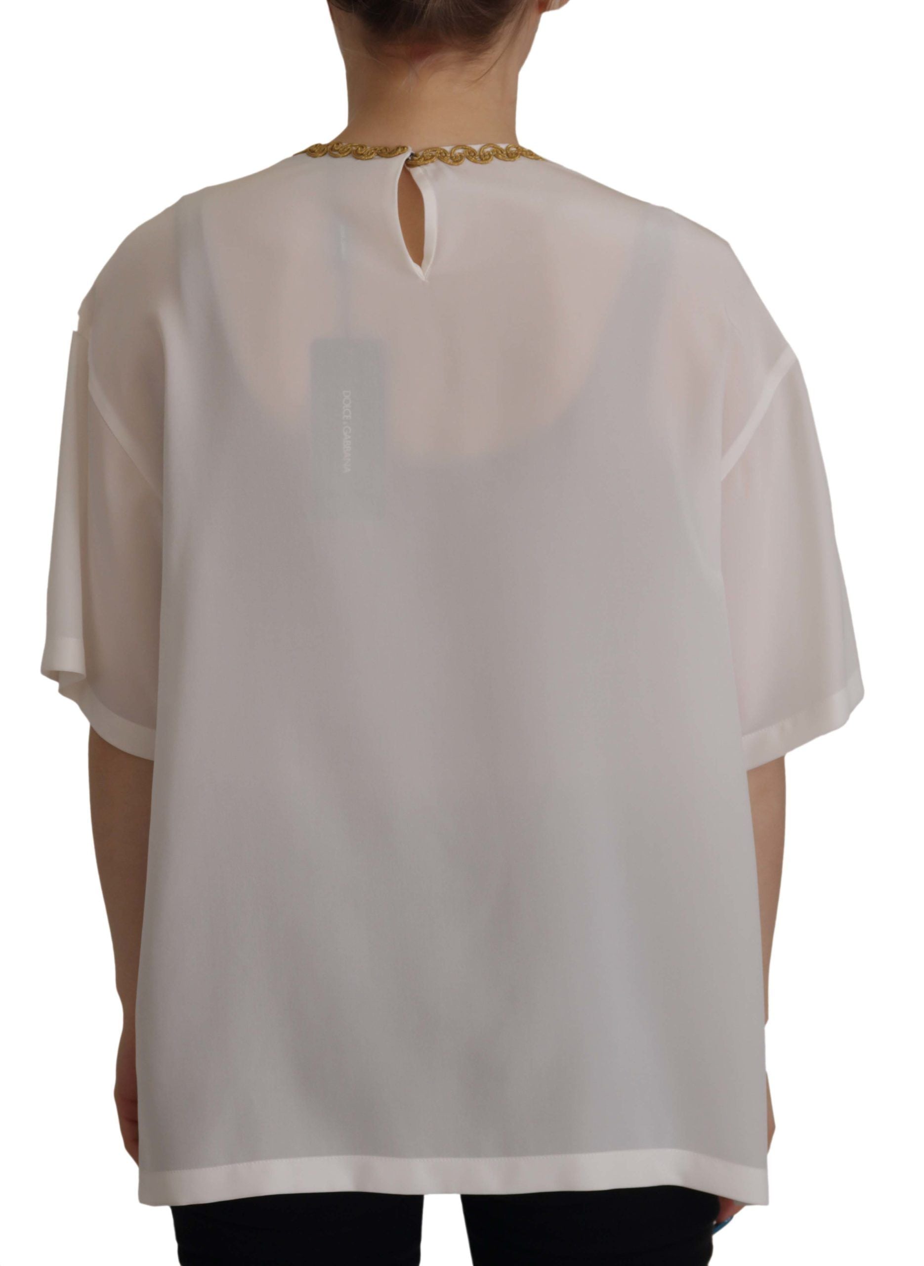 Blusa Top Dolce & Gabbana in Seta Bianca con Corona DG Dorata e Cristalli