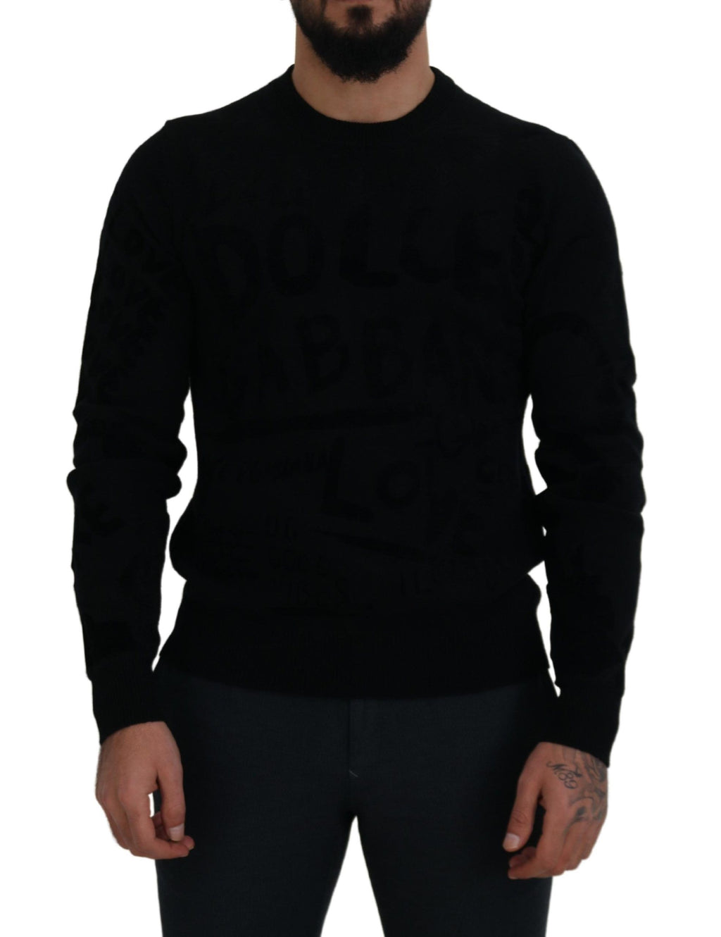 Dolce & Gabbana Maglione Girocollo in Lana Nera con Logo a Fantasia