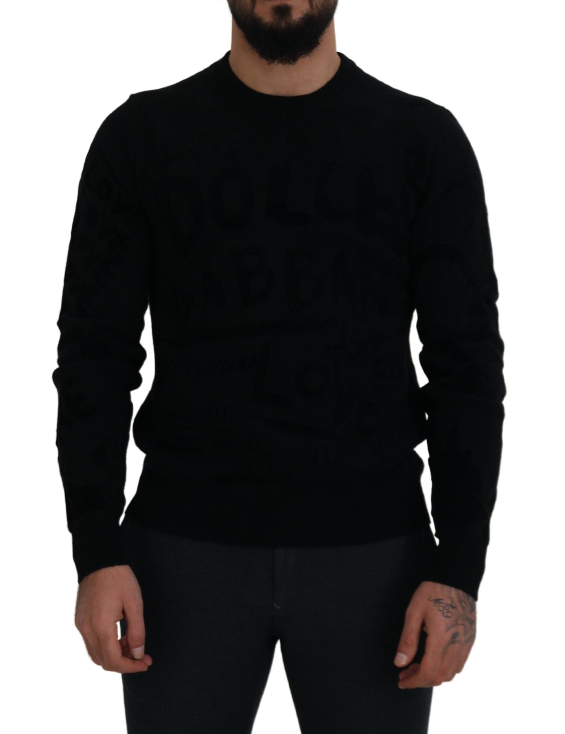Dolce & Gabbana Maglione Girocollo in Lana Nera con Logo a Fantasia