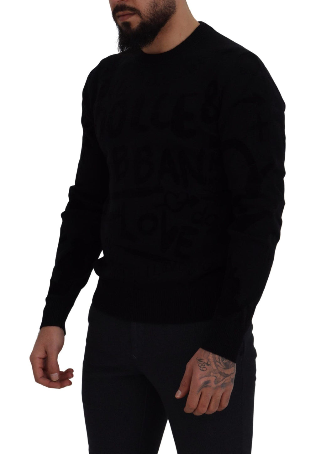 Dolce & Gabbana Maglione Girocollo in Lana Nera con Logo a Fantasia