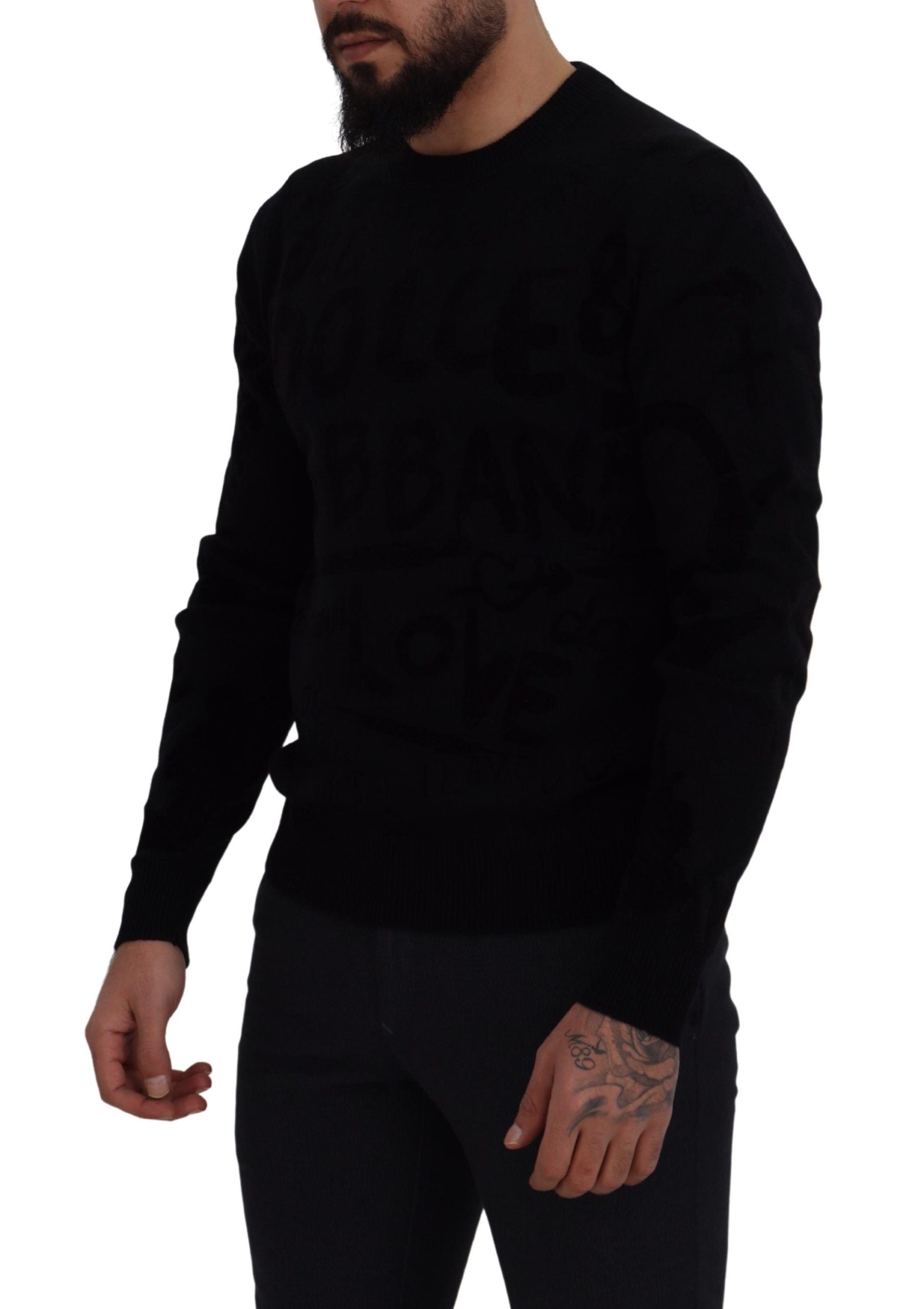 Dolce & Gabbana Maglione Girocollo in Lana Nera con Logo a Fantasia
