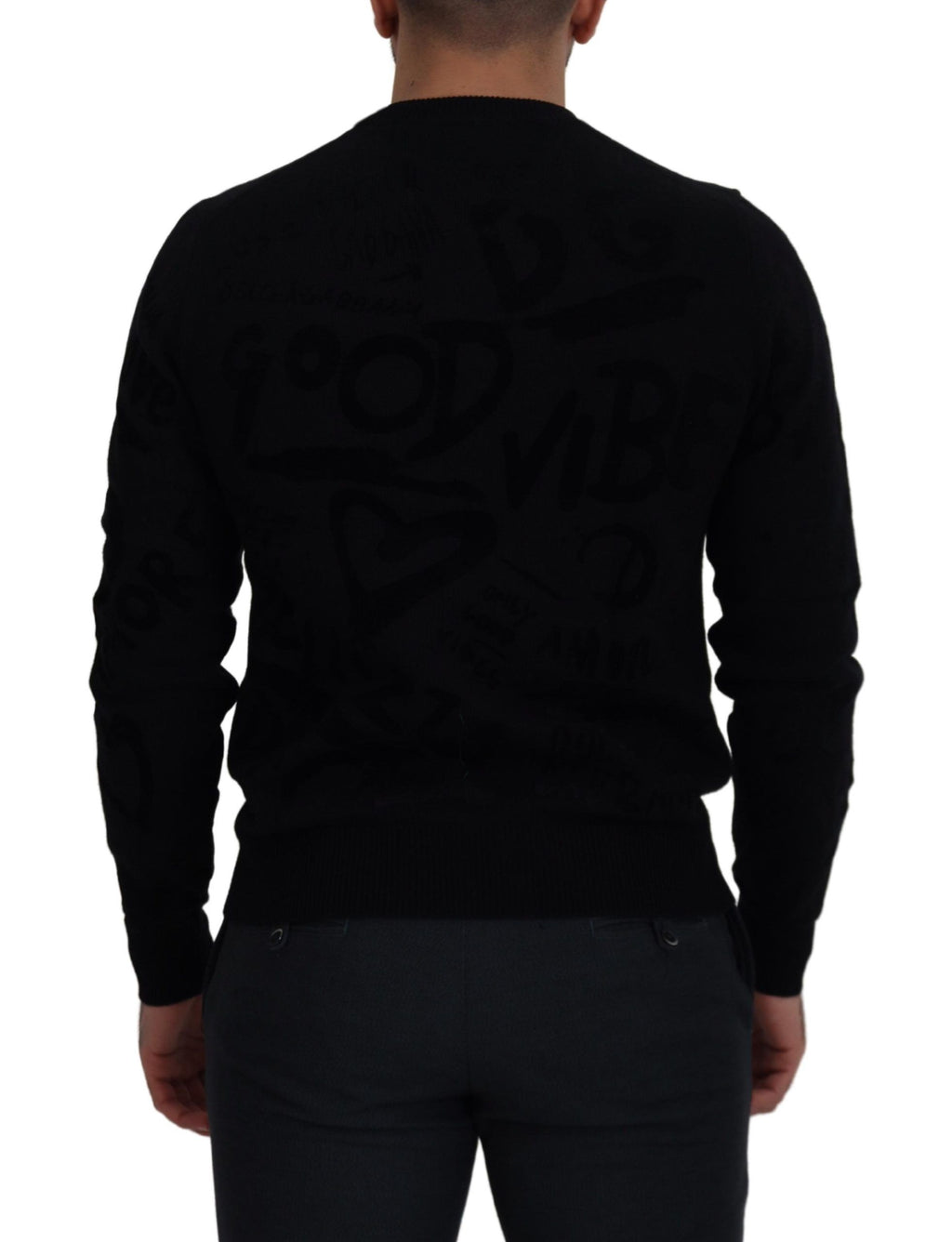 Dolce & Gabbana Maglione Girocollo in Lana Nera con Logo a Fantasia