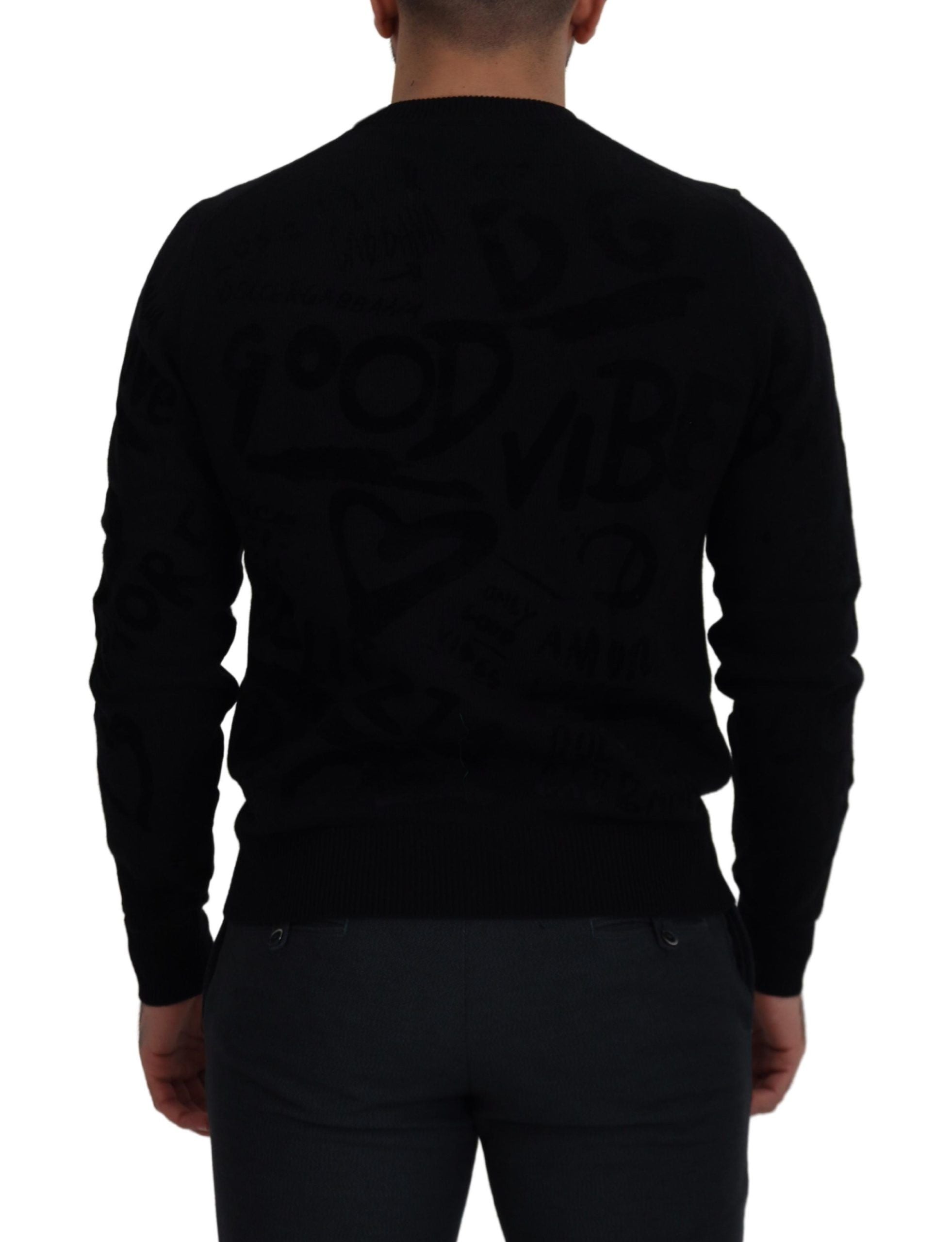 Dolce & Gabbana Maglione Girocollo in Lana Nera con Logo a Fantasia