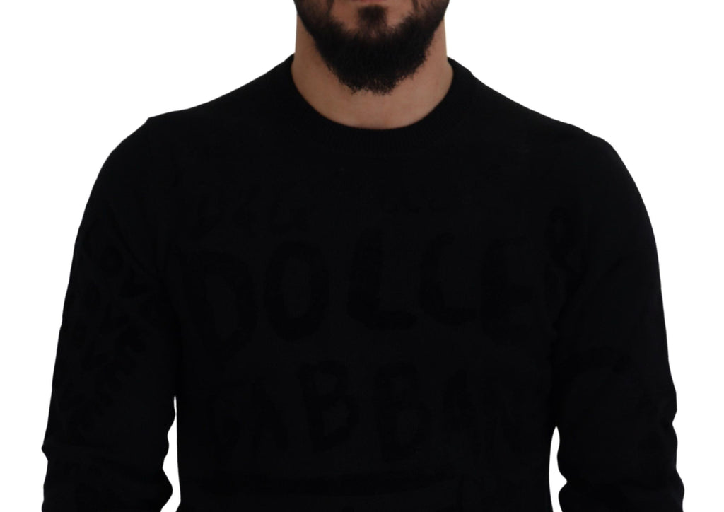 Dolce & Gabbana Maglione Girocollo in Lana Nera con Logo a Fantasia