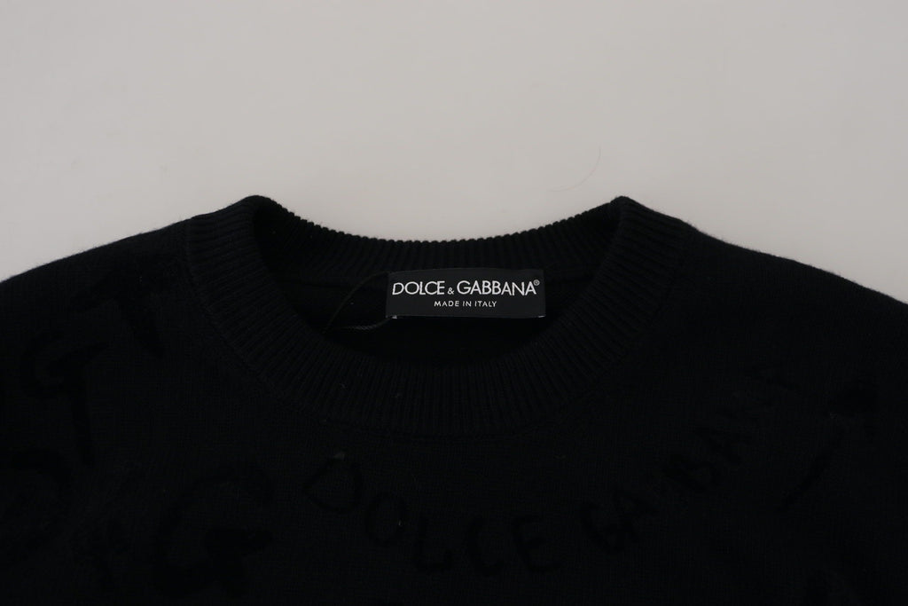 Dolce & Gabbana Maglione Girocollo in Lana Nera con Logo a Fantasia
