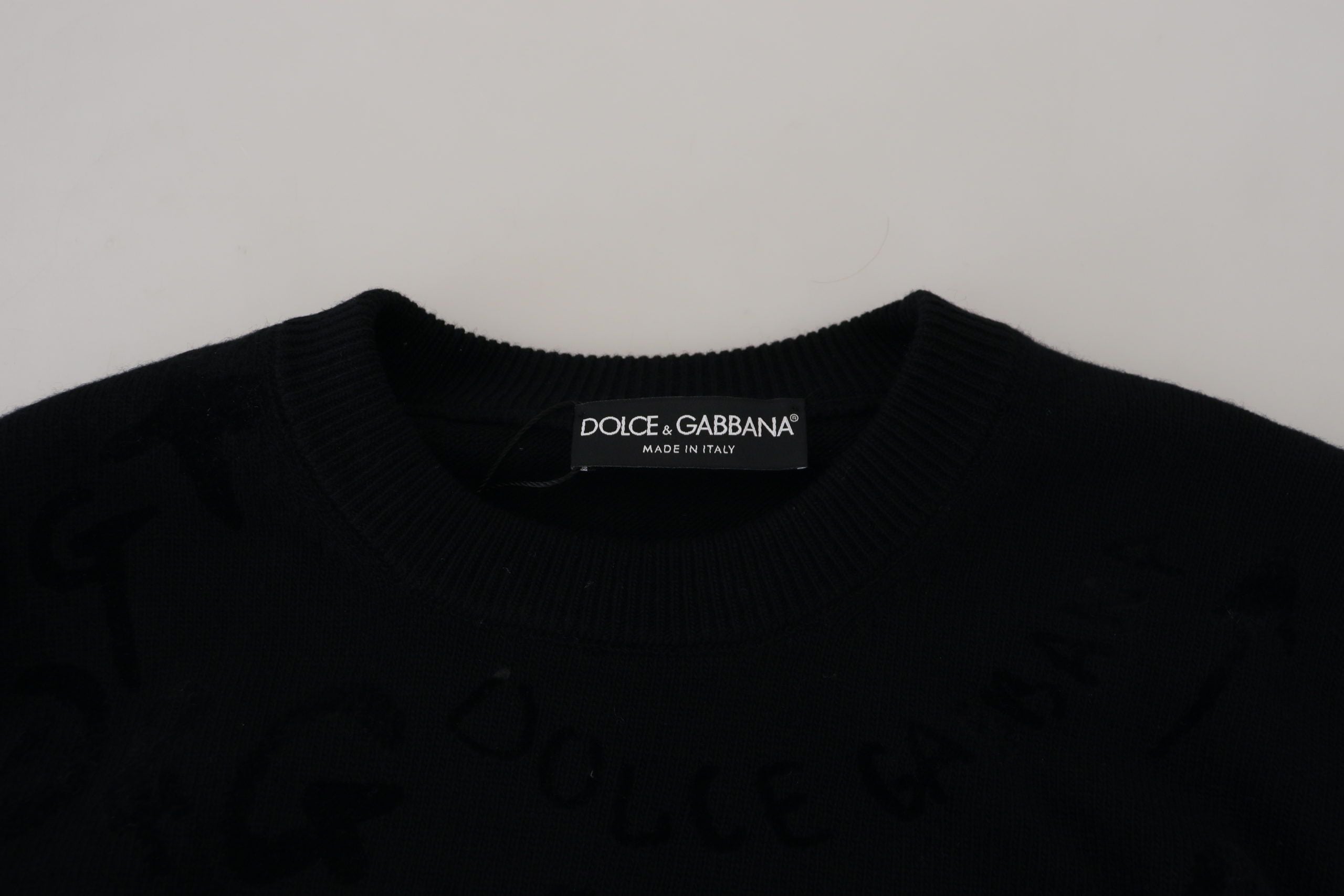Dolce & Gabbana Maglione Girocollo in Lana Nera con Logo a Fantasia