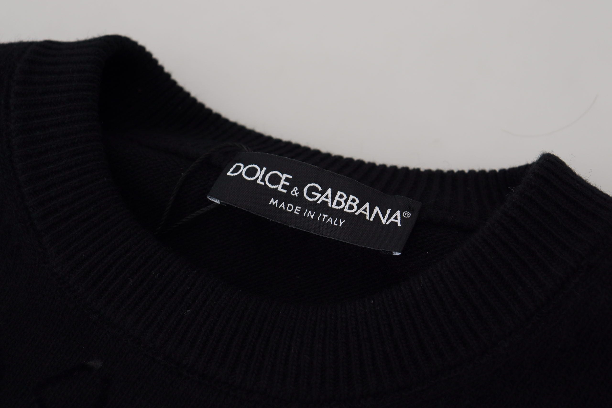Dolce & Gabbana Maglione Girocollo in Lana Nera con Logo a Fantasia