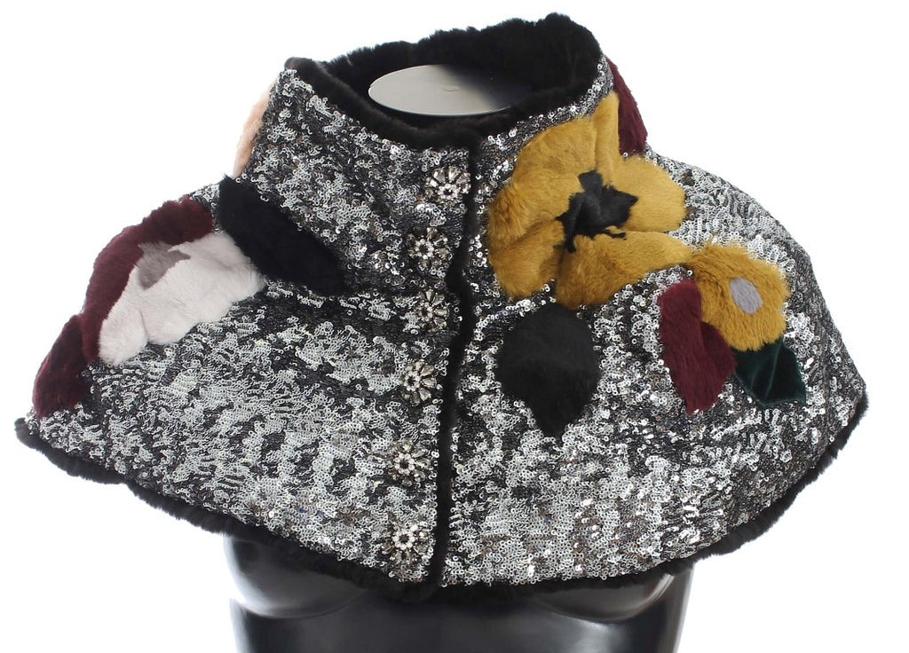 Sciarpa avvolgente Dolce & Gabbana in pelliccia di visone con paillettes argentate e motivo floreale