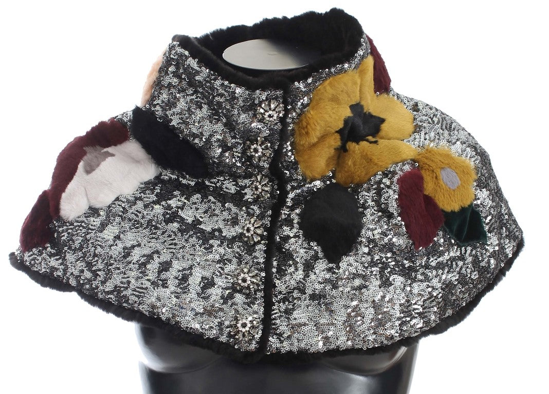 Sciarpa avvolgente Dolce & Gabbana in pelliccia di visone con paillettes argentate e motivo floreale