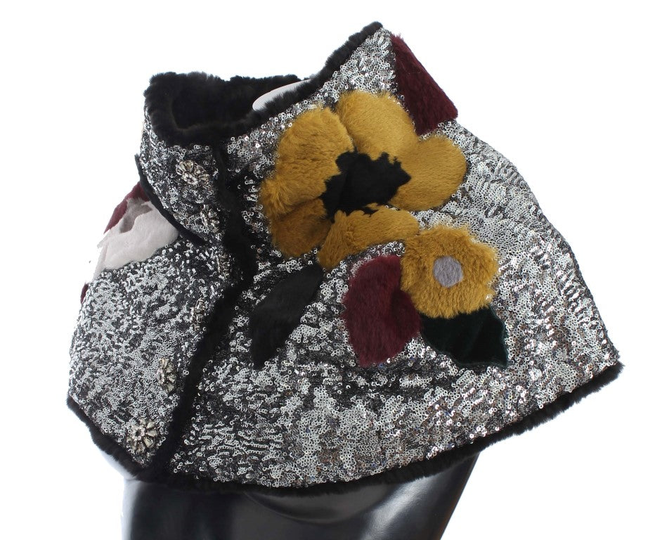 Sciarpa avvolgente Dolce & Gabbana in pelliccia di visone con paillettes argentate e motivo floreale