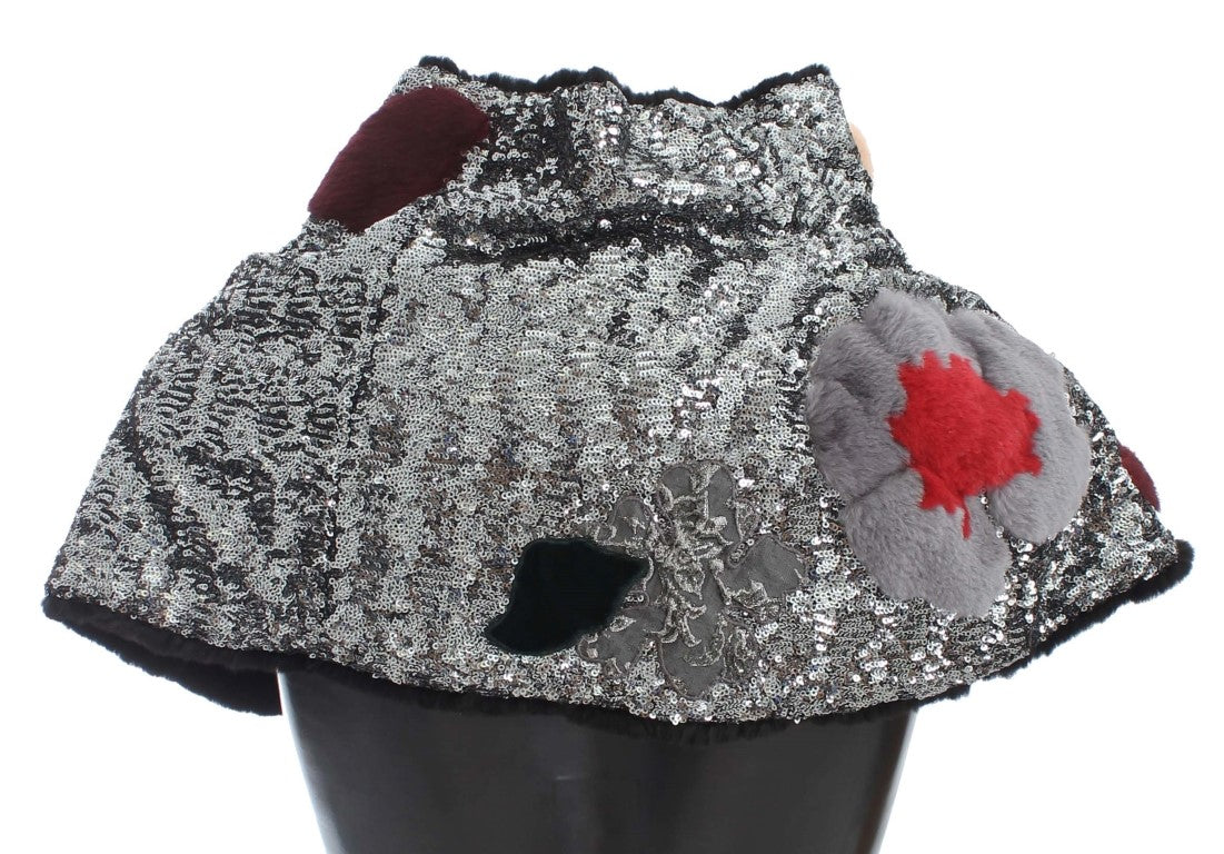 Sciarpa avvolgente Dolce & Gabbana in pelliccia di visone con paillettes argentate e motivo floreale