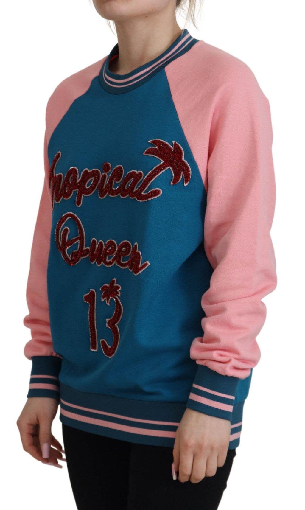 Maglione Dolce & Gabbana blu rosa con paillettes e cristalli Regina