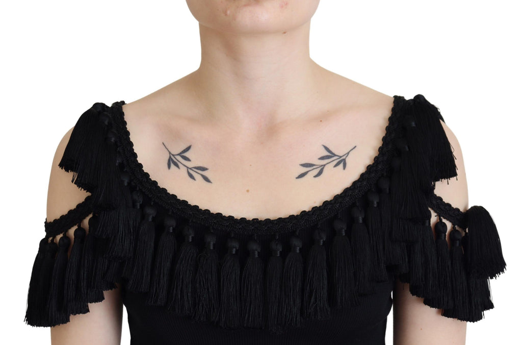 Top senza maniche in cotone con nappe Dolce & Gabbana nero