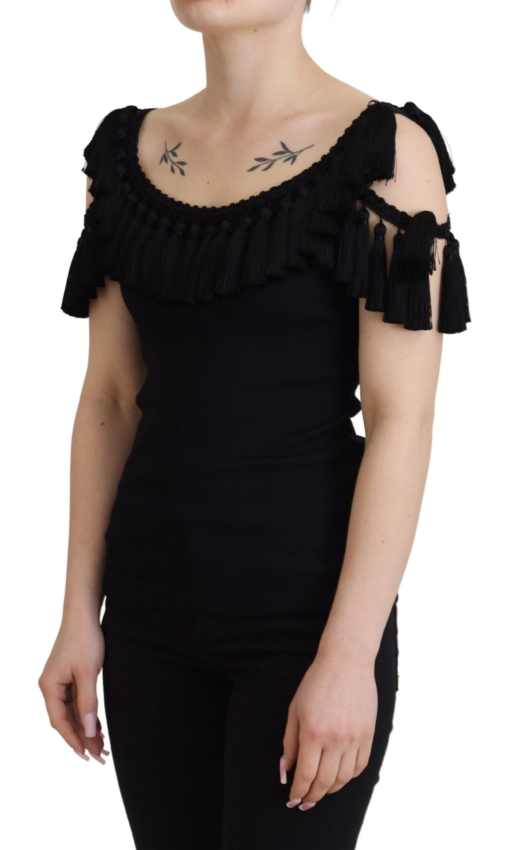 Top senza maniche in cotone con nappe Dolce & Gabbana nero
