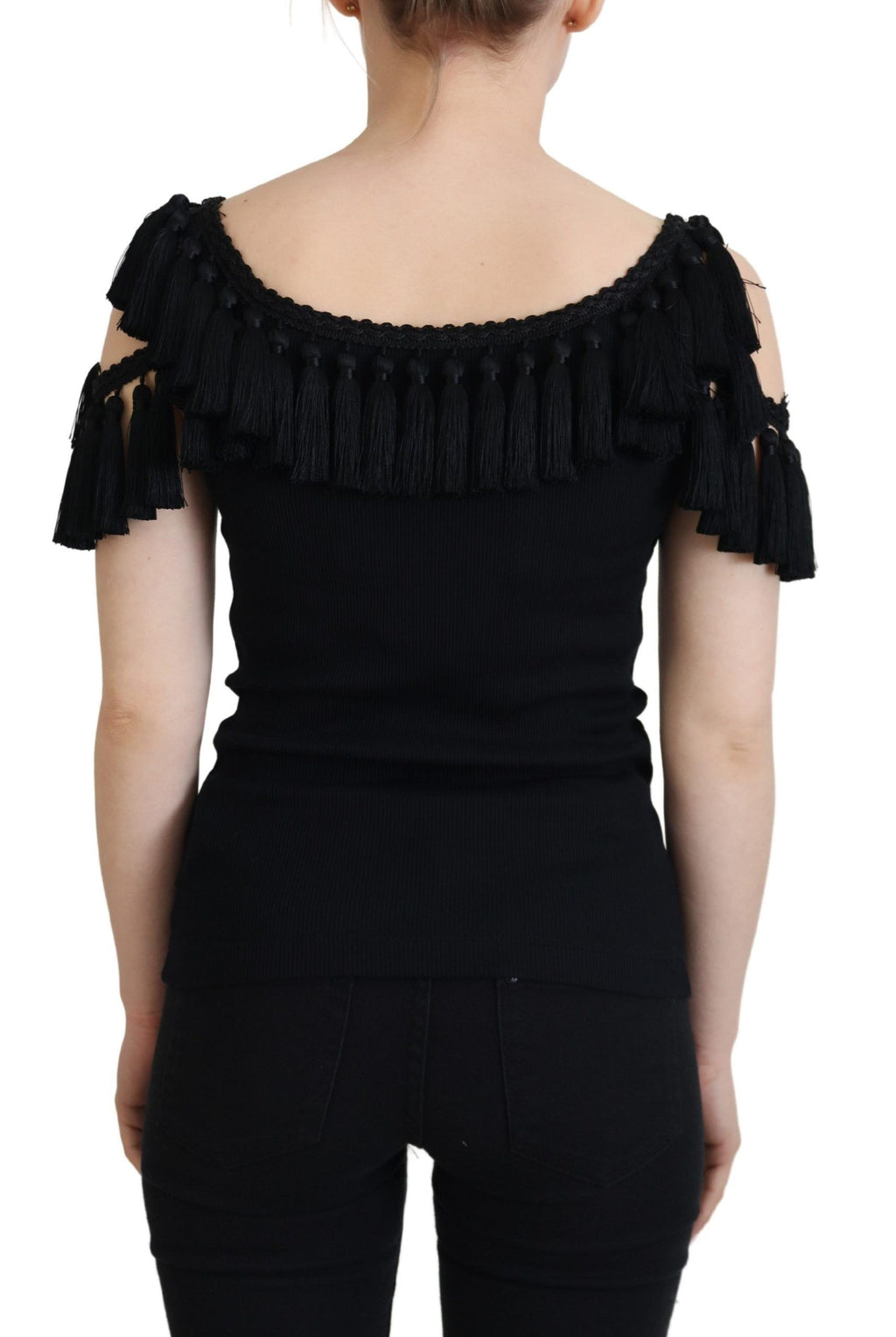 Top senza maniche in cotone con nappe Dolce & Gabbana nero