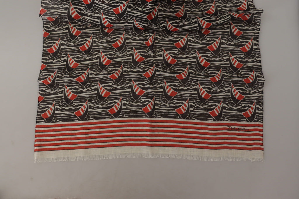 Sciarpa/Stola Dolce & Gabbana in Lino Nero Rosso con Stampa Righe Motivo Barche a Vela