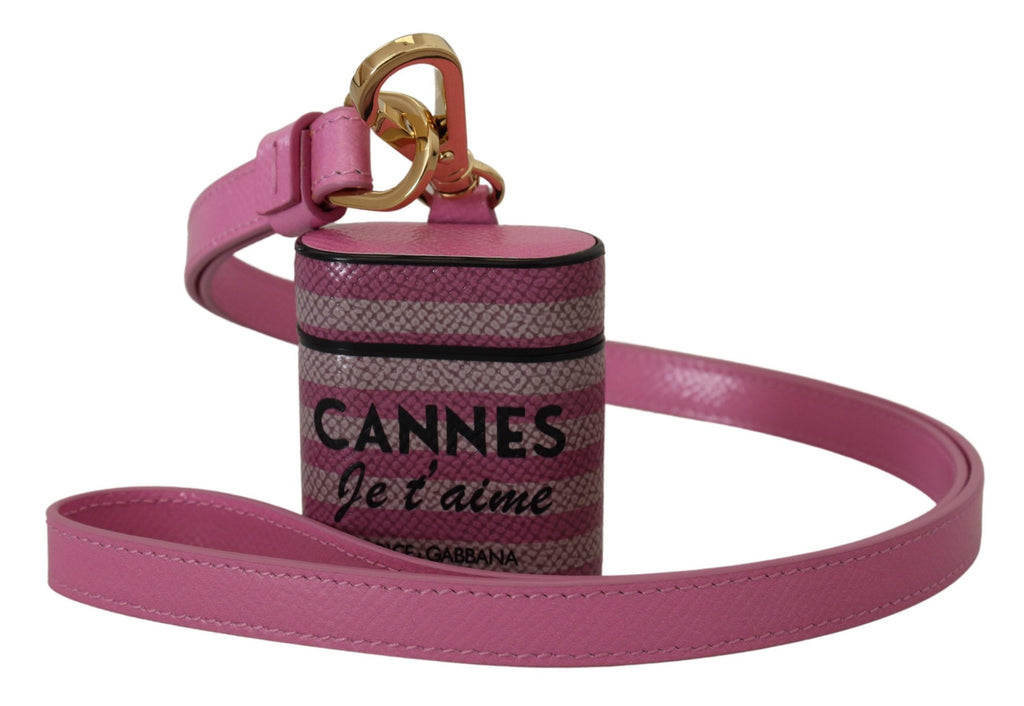 Custodia per Airpods Dolce & Gabbana in pelle rosa e nera con logo in metallo dorato
