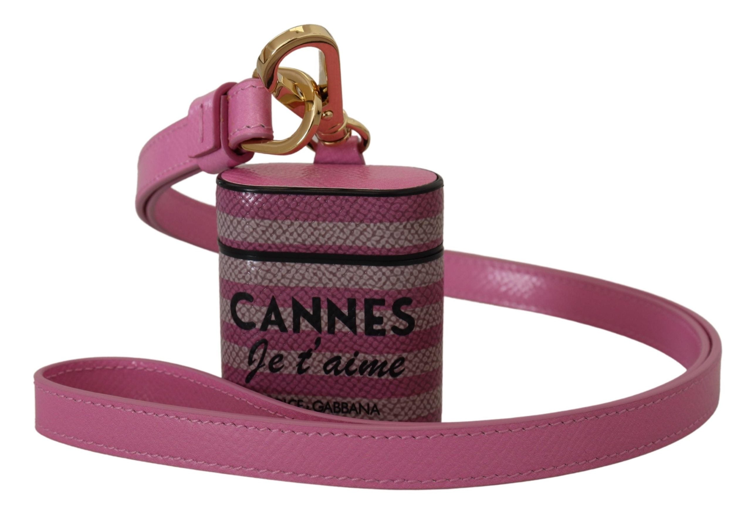 Custodia per Airpods Dolce & Gabbana in pelle rosa e nera con logo in metallo dorato