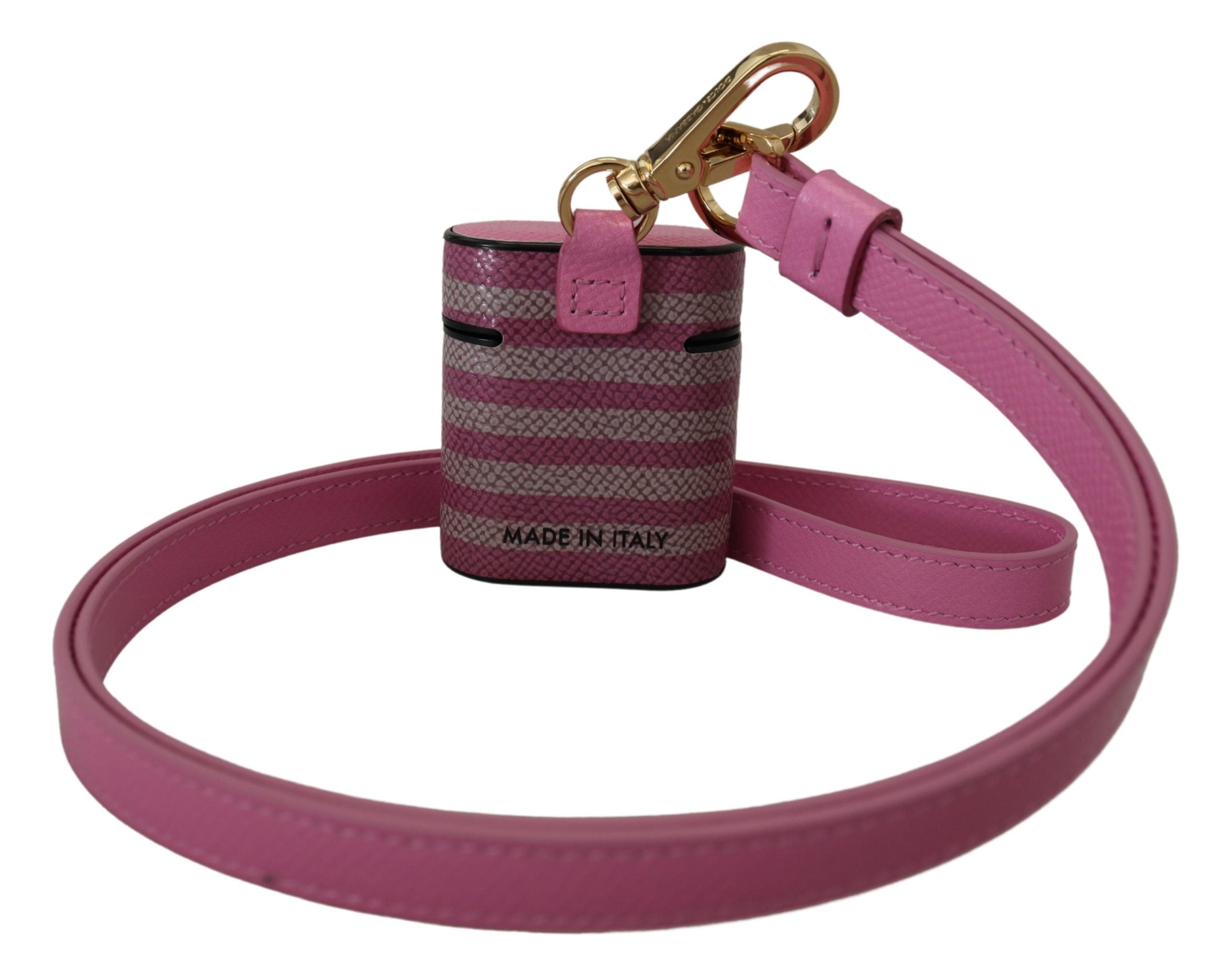 Custodia per Airpods Dolce & Gabbana in pelle rosa e nera con logo in metallo dorato