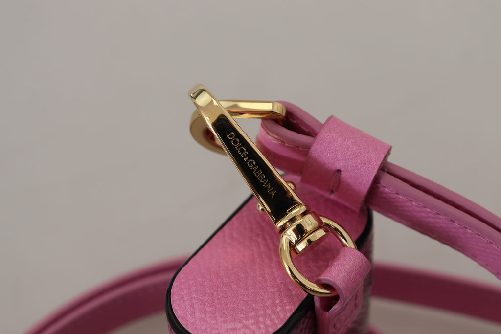 Custodia per Airpods Dolce & Gabbana in pelle rosa e nera con logo in metallo dorato