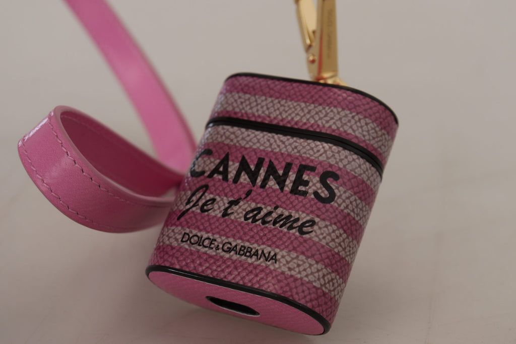 Custodia per Airpods Dolce & Gabbana in pelle rosa e nera con logo in metallo dorato