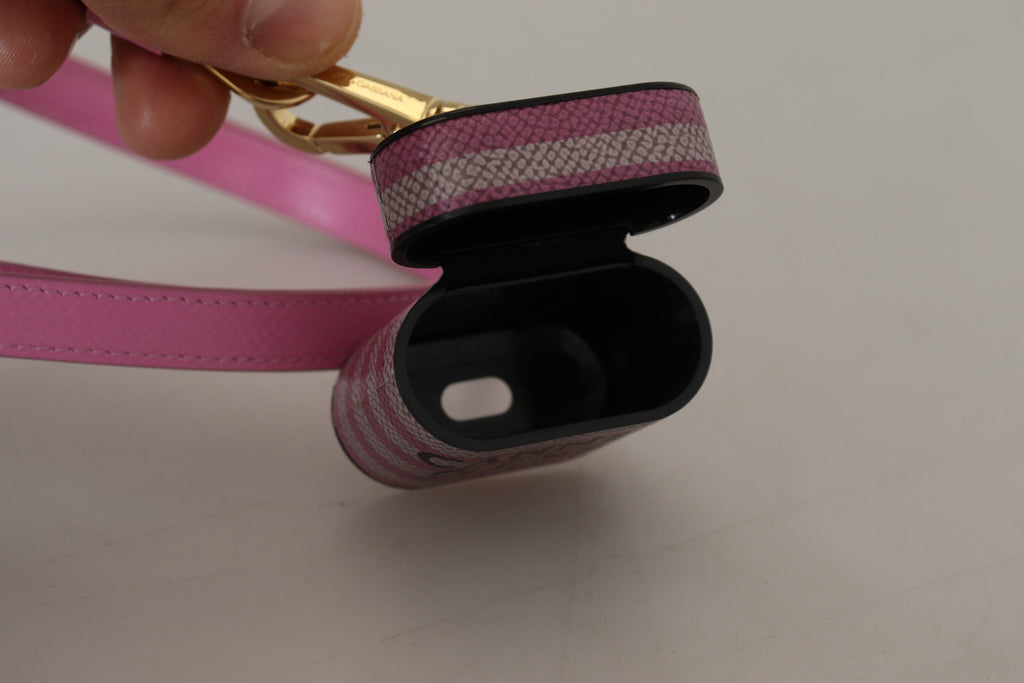 Custodia per Airpods Dolce & Gabbana in pelle rosa e nera con logo in metallo dorato