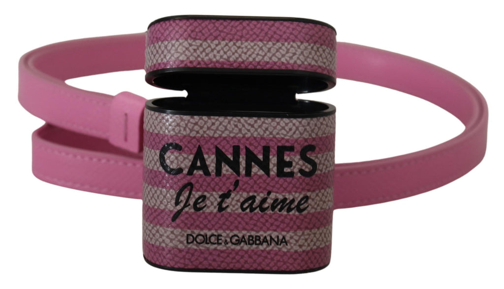 Custodia per Airpods Dolce & Gabbana in pelle rosa e nera con logo in metallo dorato