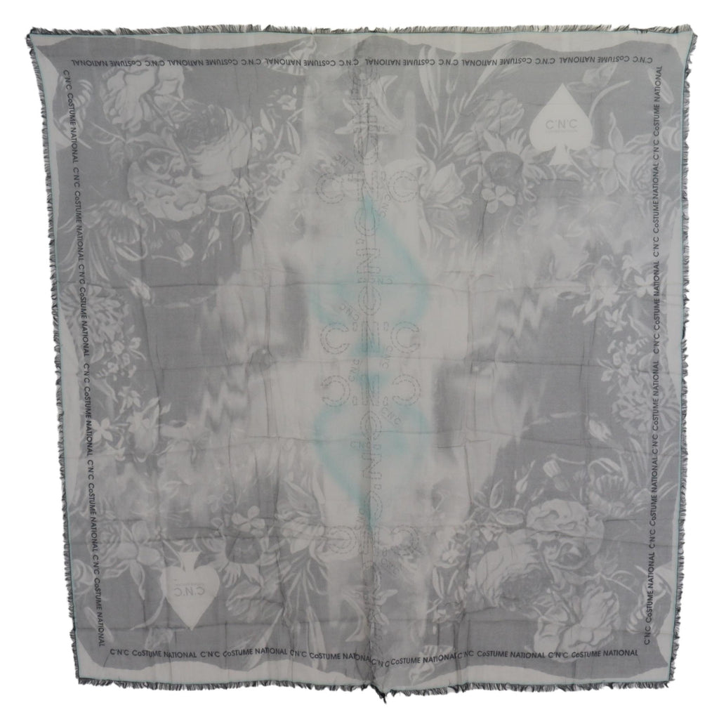 Costume National Gray Print Shawl Foulard Fringes Scarf