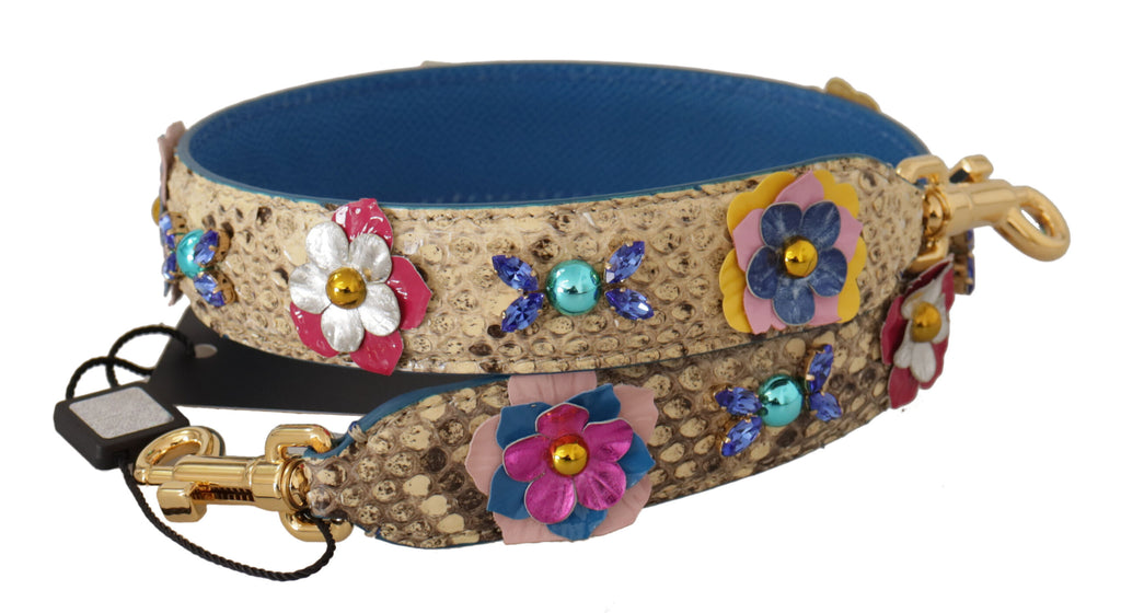 Dolce & Gabbana Tracolla Borchiata Floreale in Pelle di Pitone Beige