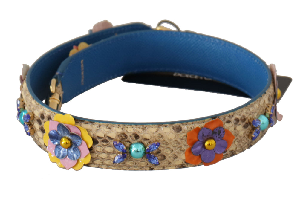 Dolce & Gabbana Tracolla Borchiata Floreale in Pelle di Pitone Beige