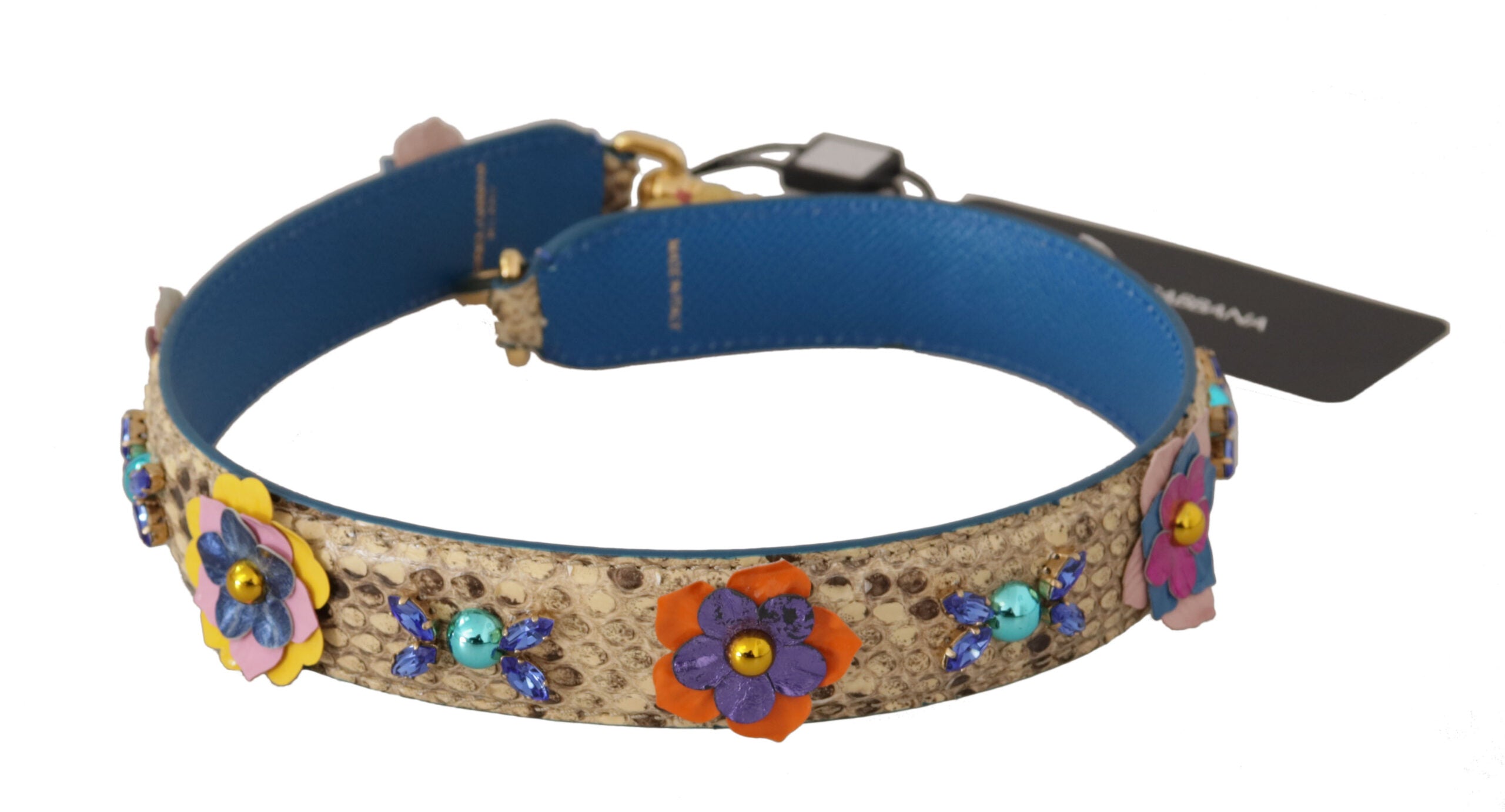 Dolce & Gabbana Tracolla Borchiata Floreale in Pelle di Pitone Beige
