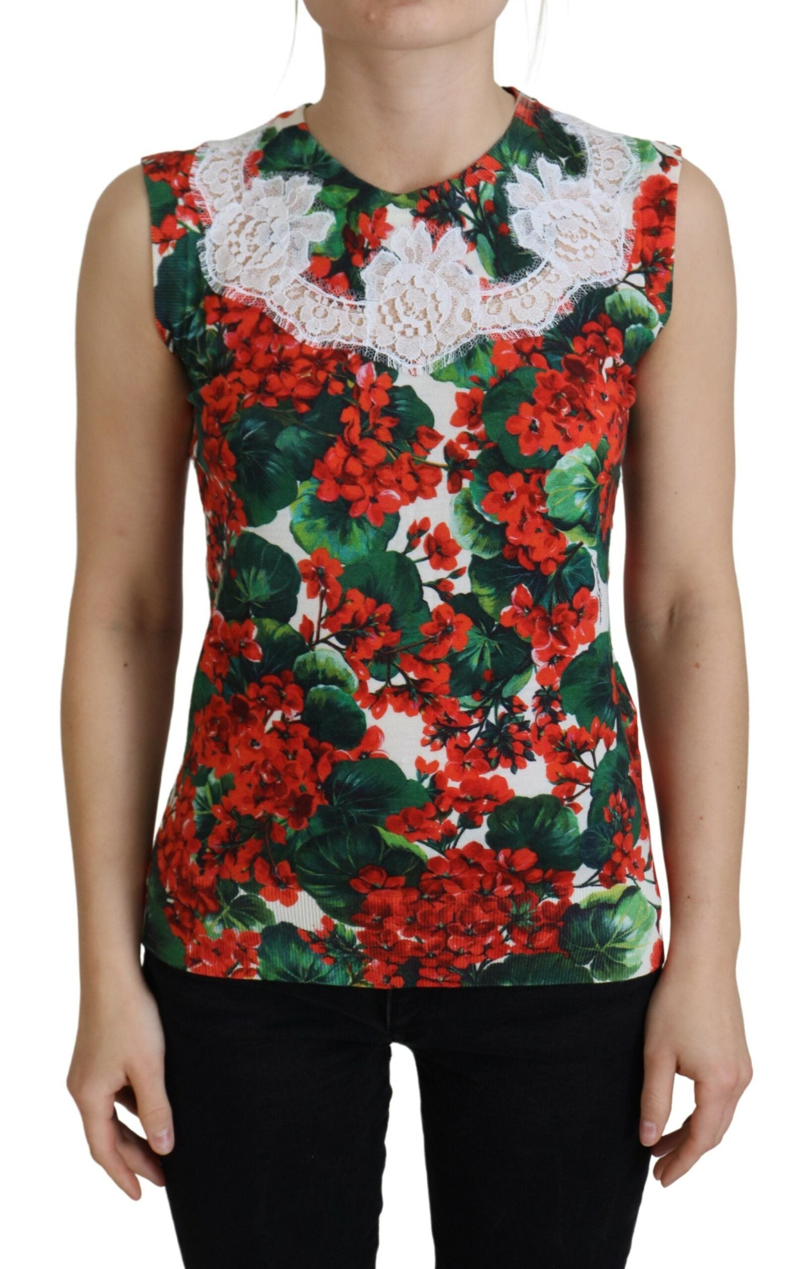 Dolce & Gabbana Canotta Gilet in Lana con Pizzo Floreale Bianco