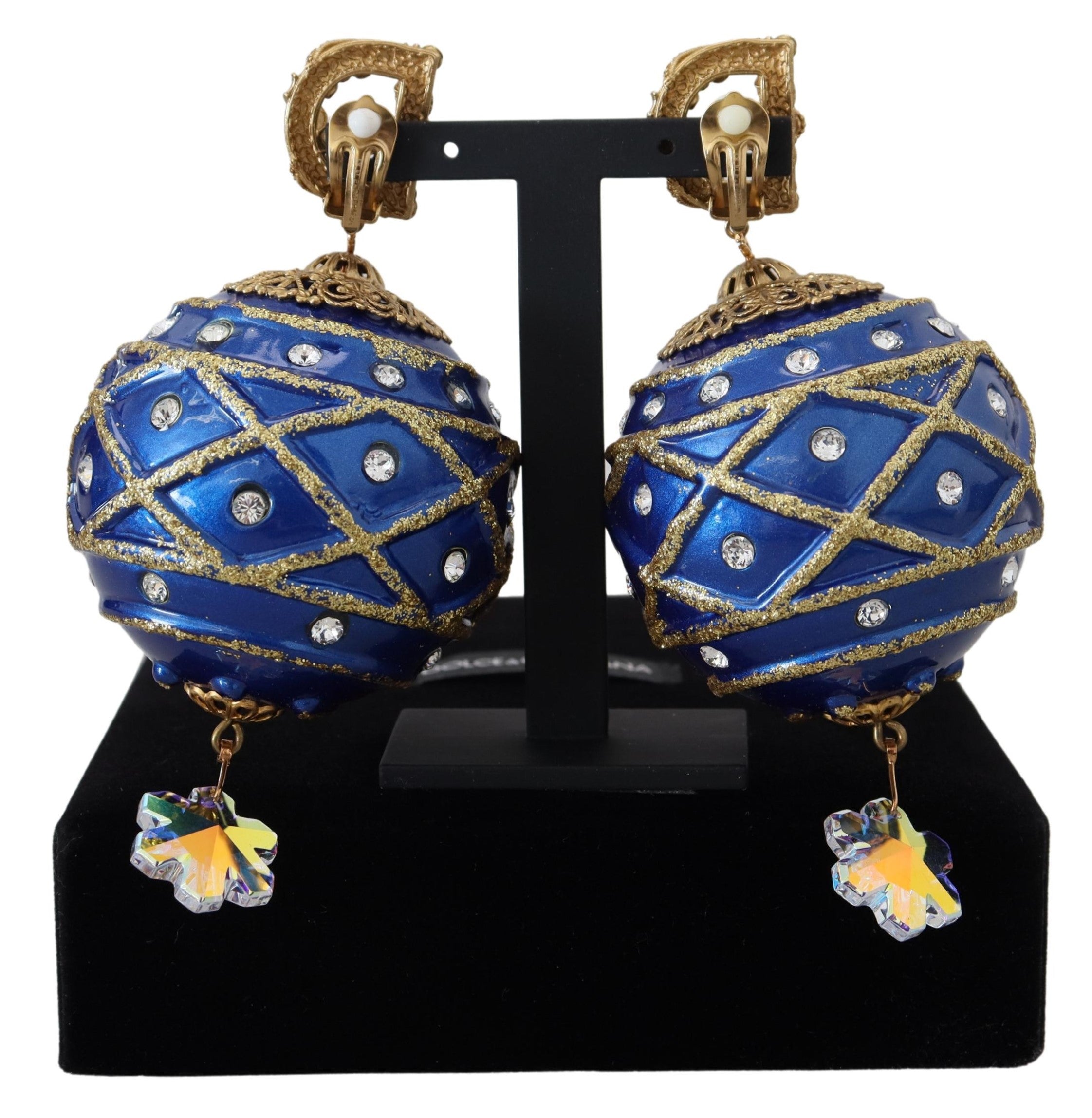Orecchini a Clip Pendenti con Cristallo a Sfera Blu in Ottone Dorato Dolce & Gabbana