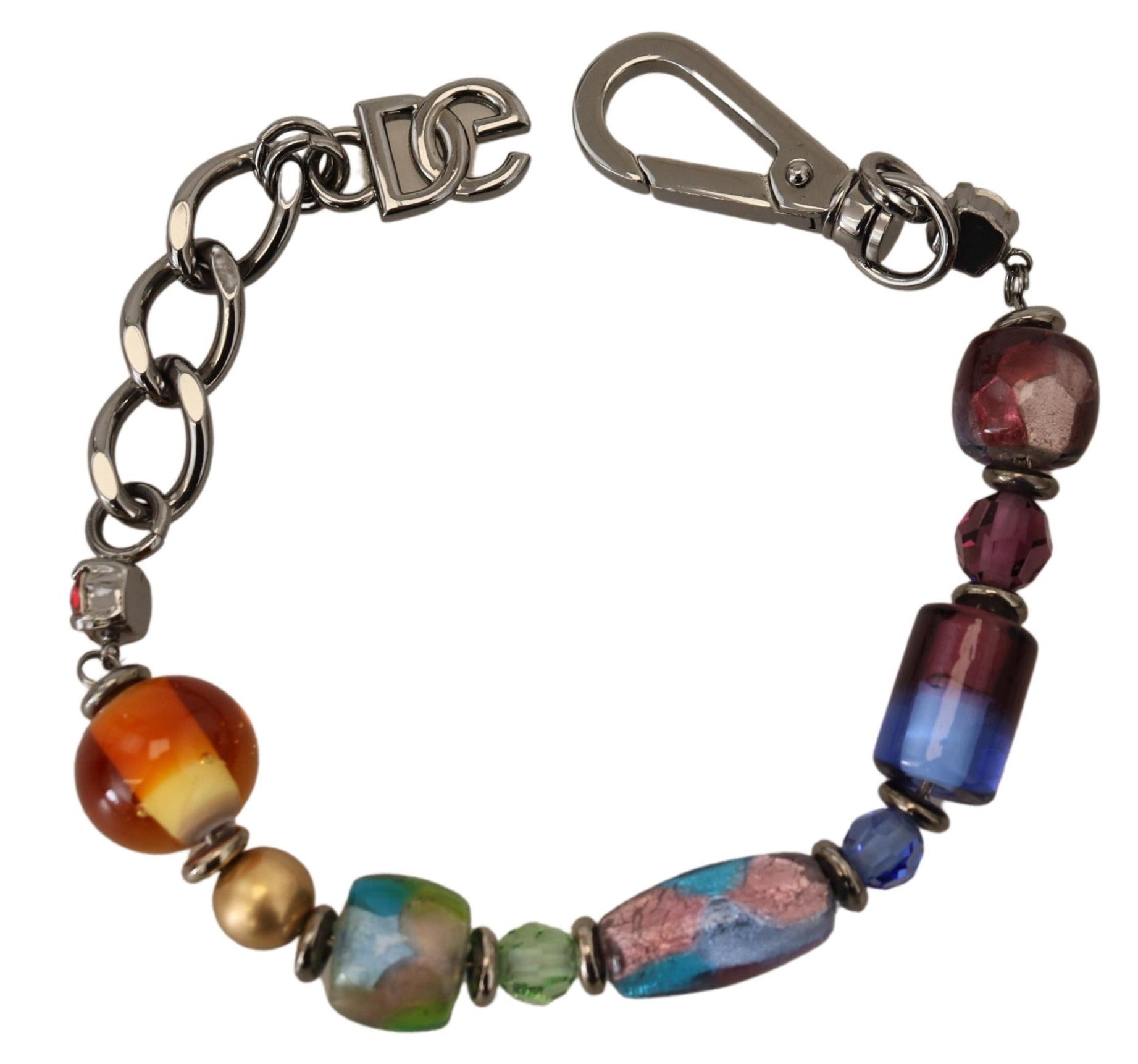 Bracciale Dolce & Gabbana con moschettone, catena color argento e perline multicolori