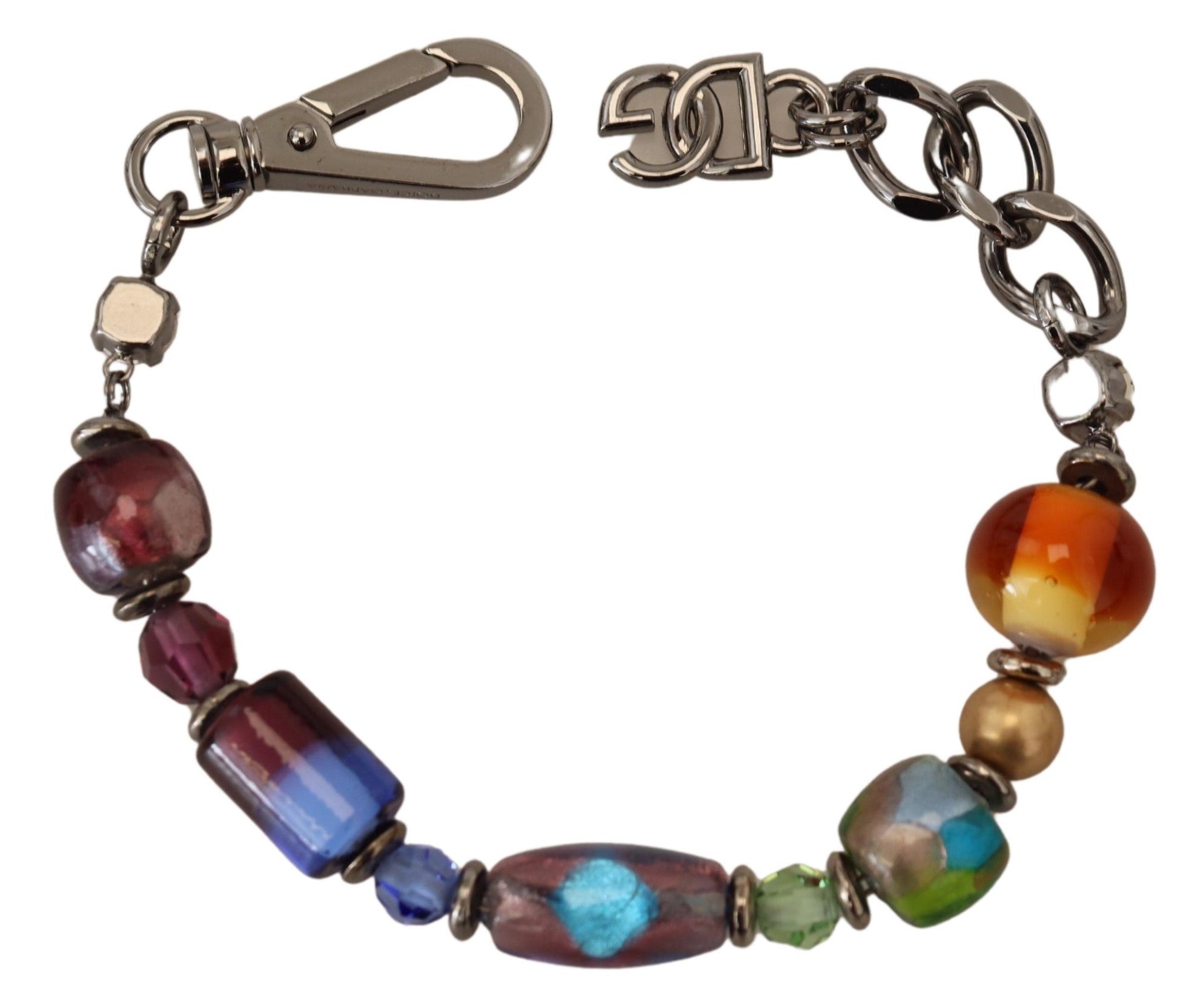Bracciale Dolce & Gabbana con moschettone, catena color argento e perline multicolori