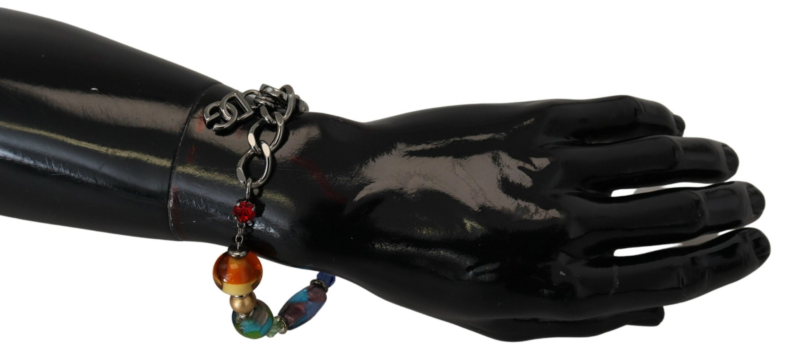 Bracciale Dolce & Gabbana con moschettone, catena color argento e perline multicolori