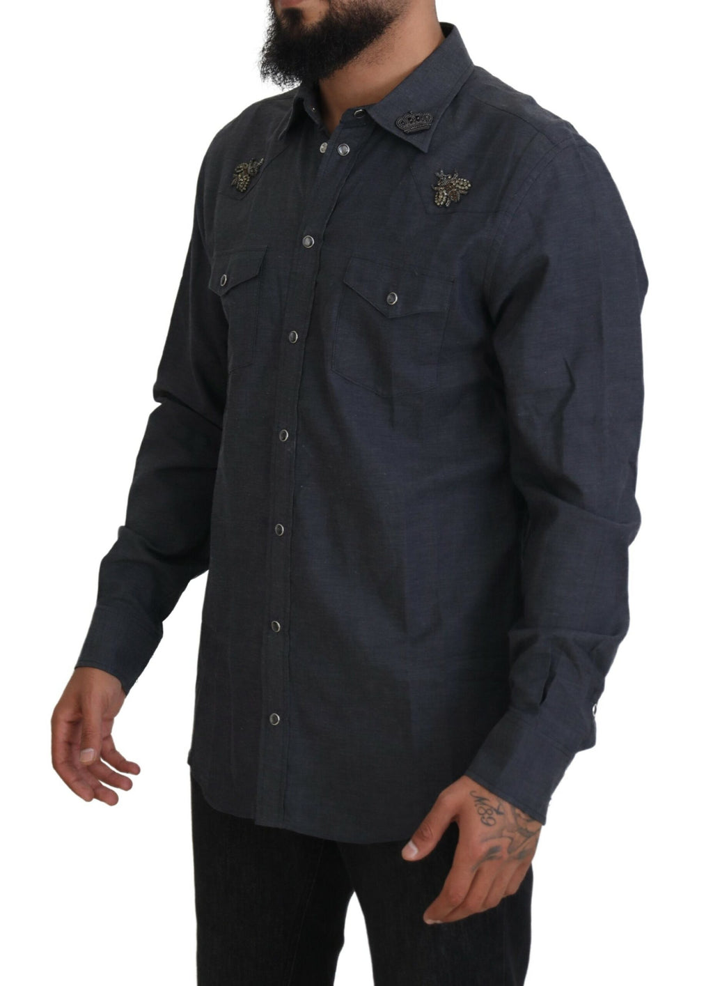 Dolce & Gabbana Camicia in denim di cotone blu con ape di cristallo