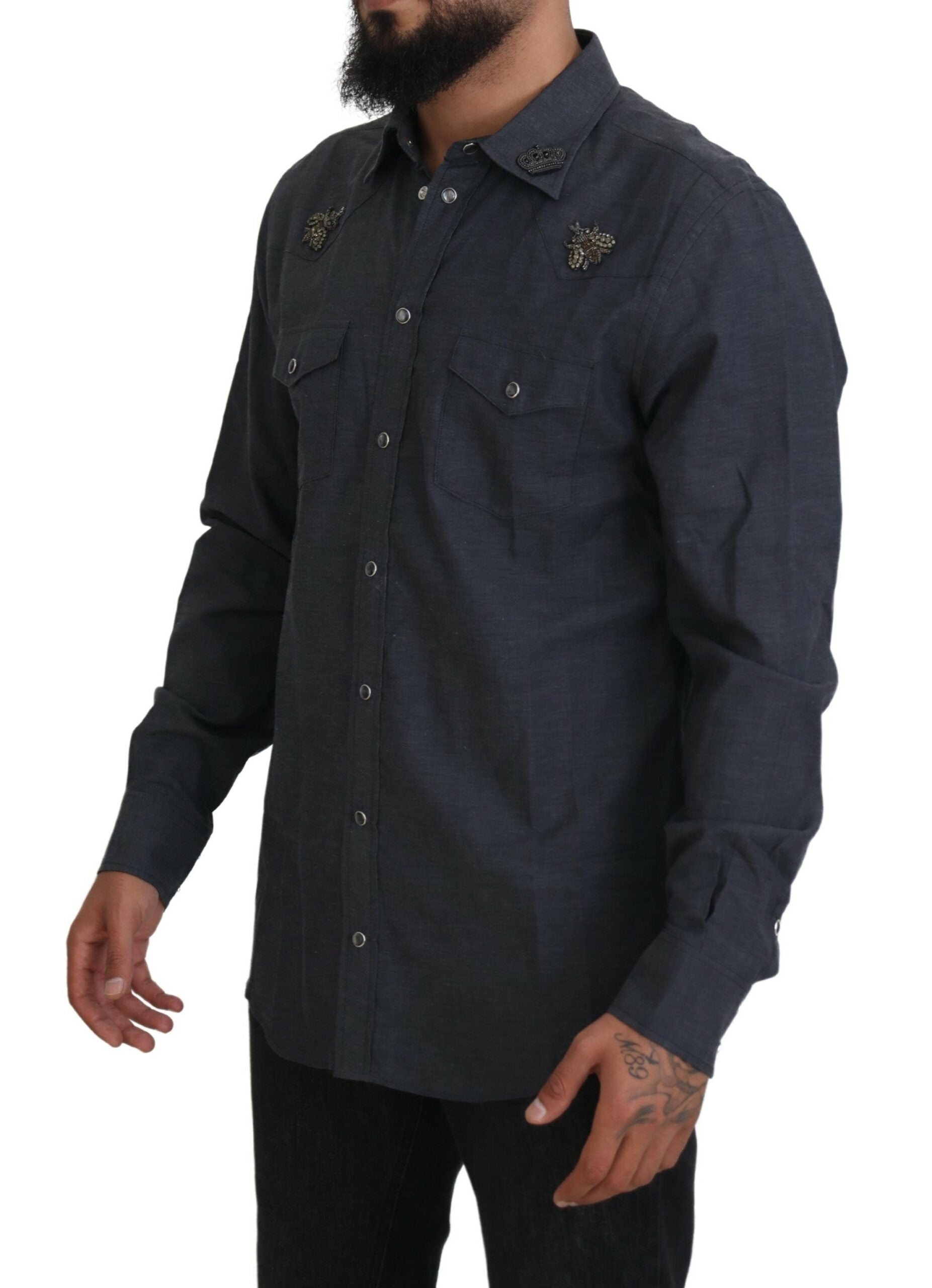 Dolce & Gabbana Camicia in denim di cotone blu con ape di cristallo