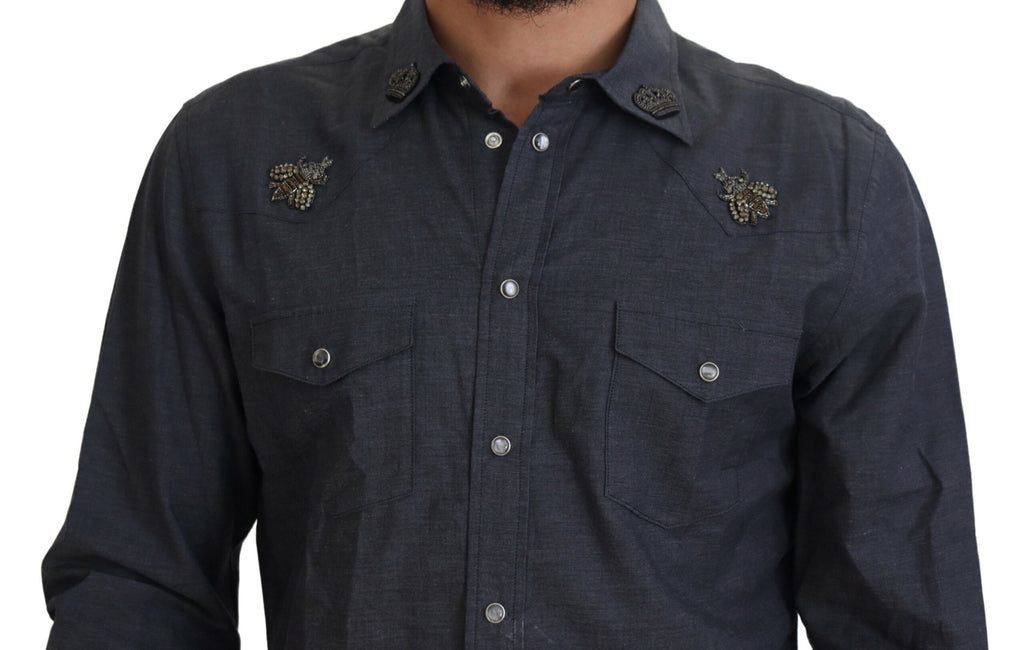 Dolce & Gabbana Camicia in denim di cotone blu con ape di cristallo