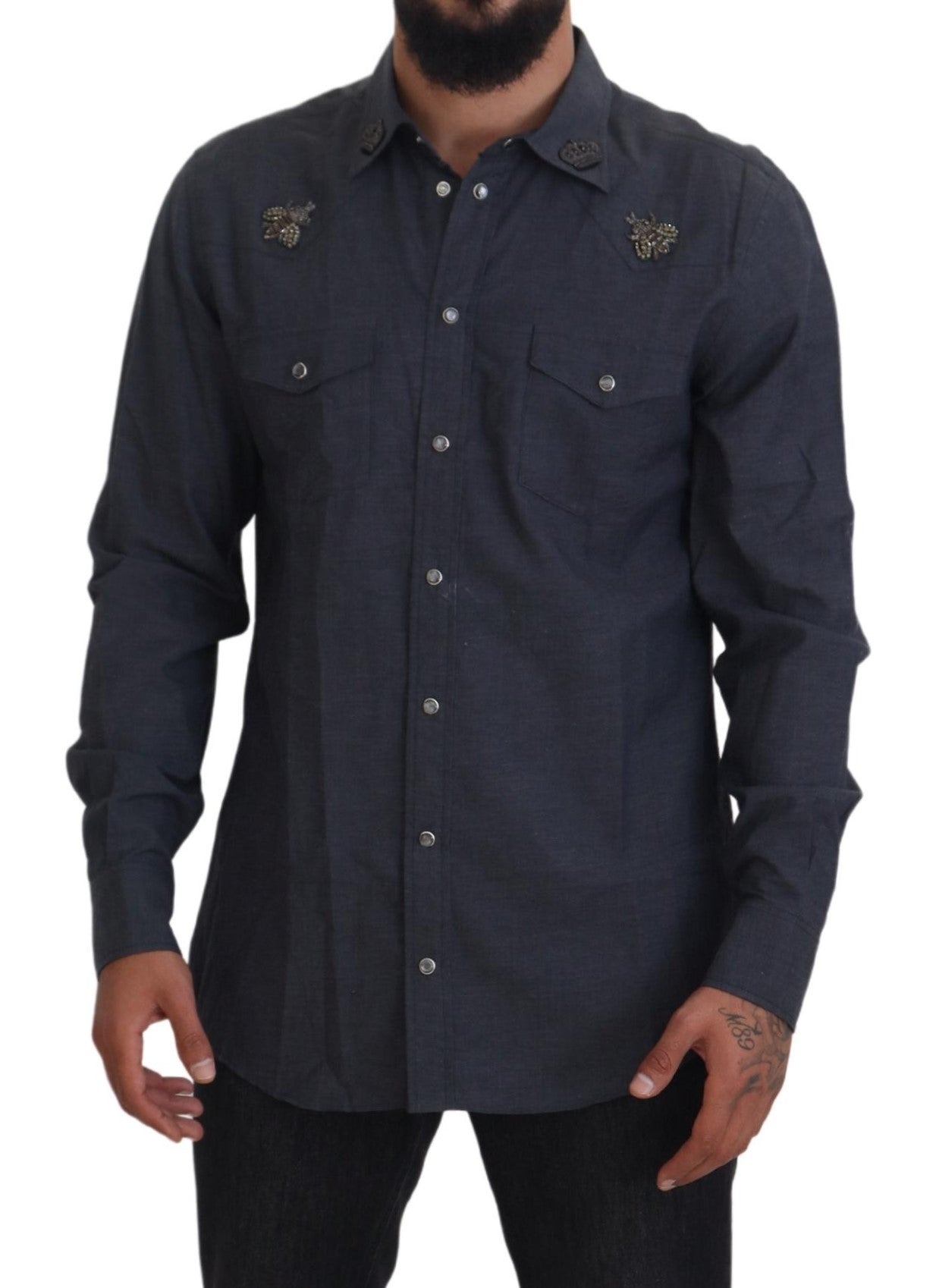 Dolce & Gabbana Camicia in denim di cotone blu con ape di cristallo