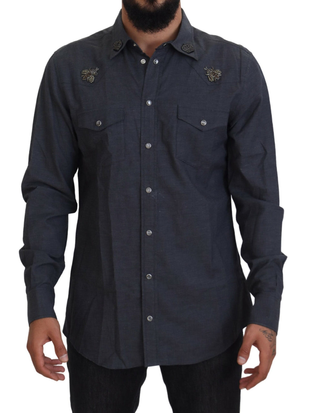 Dolce & Gabbana Camicia in denim di cotone blu con ape di cristallo