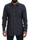 Dolce & Gabbana Camicia in denim di cotone blu con ape di cristallo