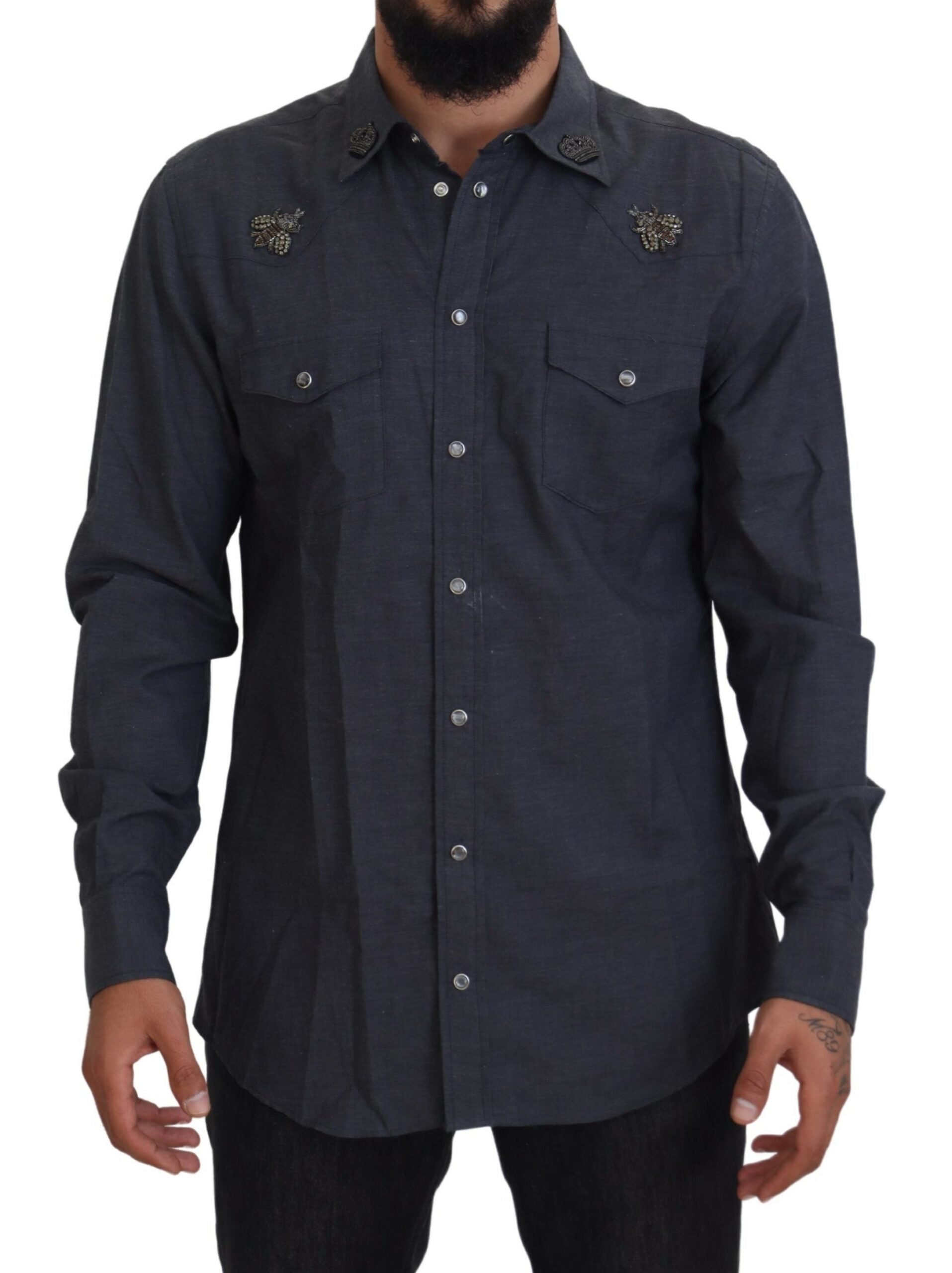 Dolce & Gabbana Camicia in denim di cotone blu con ape di cristallo