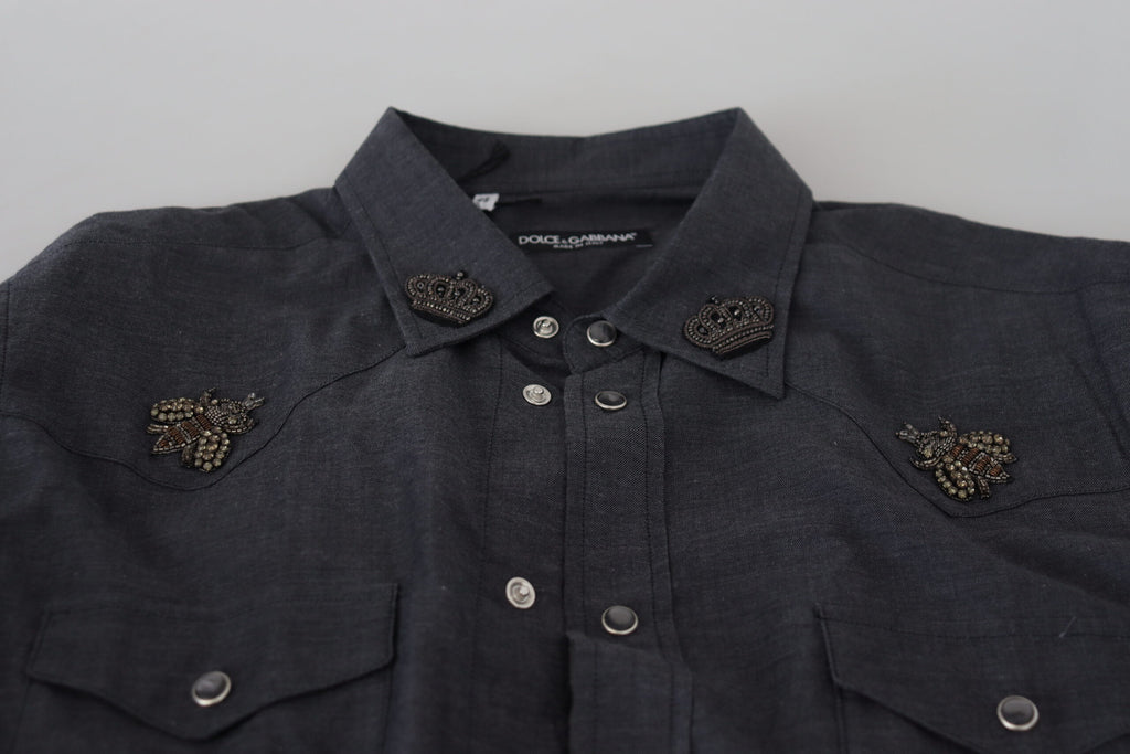 Dolce & Gabbana Camicia in denim di cotone blu con ape di cristallo