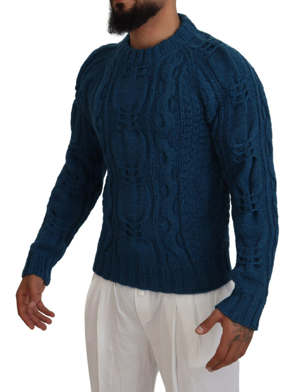 Dolce & Gabbana Maglione Pullover Blu in Maglia di Lana Alpaca